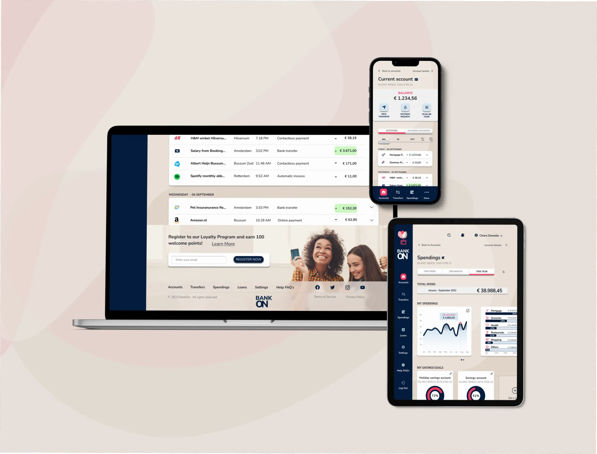 The final BankON interface on laptop, phone and tablet: a transactions list and loyalty sign-up on desktop, a current-account balance and activity feed on mobile, and a Spendings dashboard with charts and savings goals on tablet.