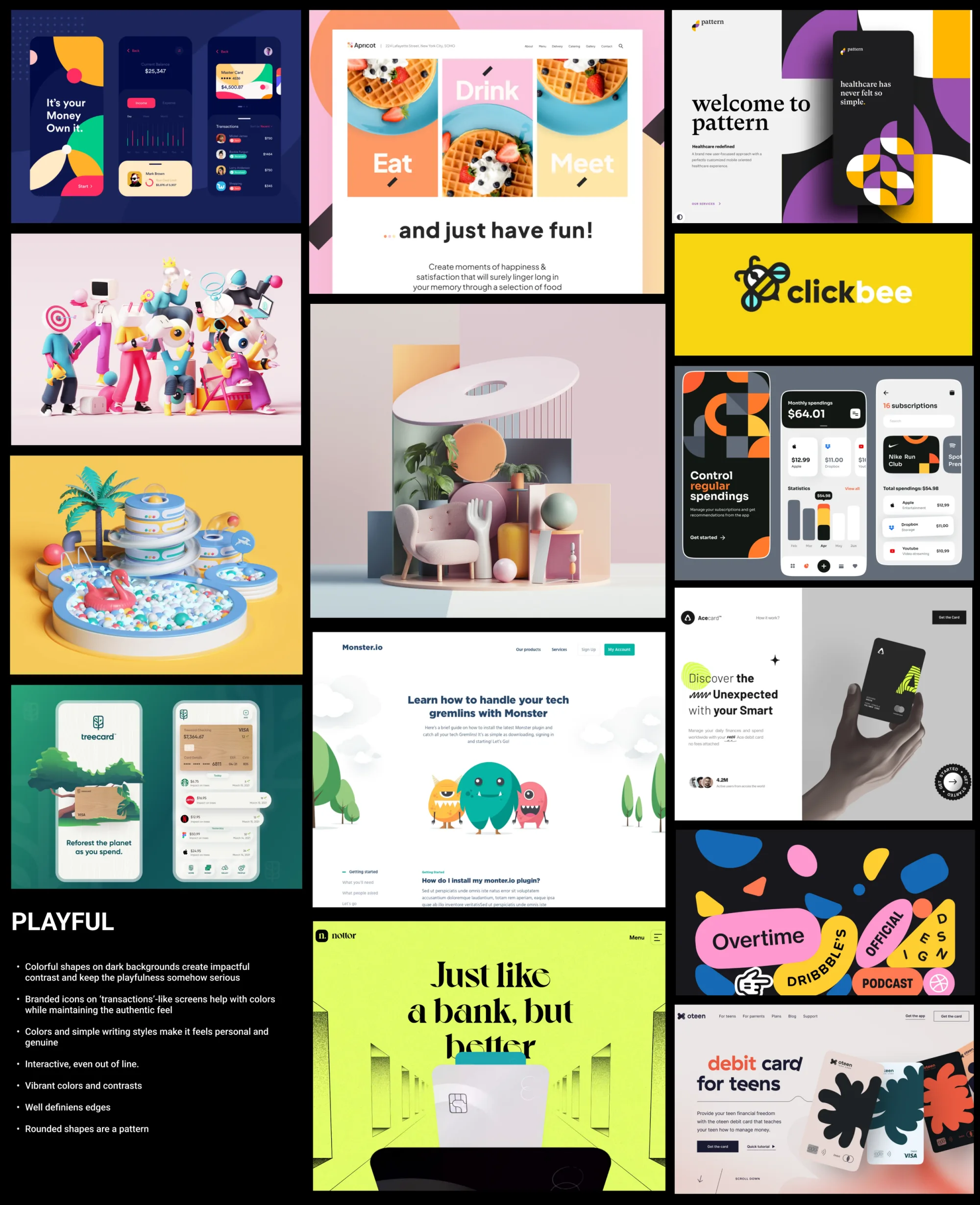 ‘Playful’ mood board: fintech and lifestyle screens in bright colours and rounded shapes, with notes on colourful shapes on dark backgrounds, branded transaction icons and vibrant contrast.