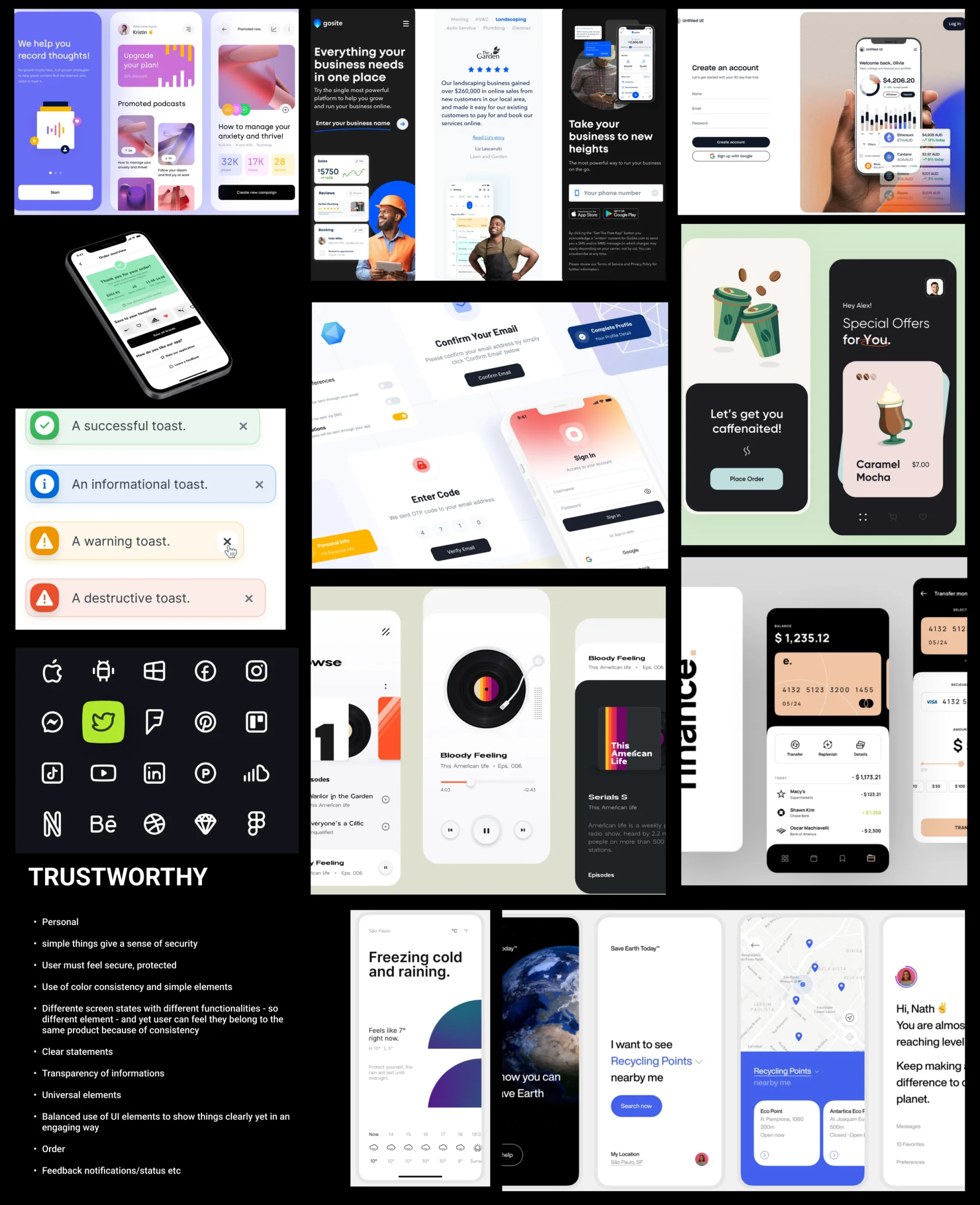 ‘Trustworthy’ mood board: calm, consistent product screens, toast components and platform icon sets, with notes on security, colour consistency and clear feedback.
