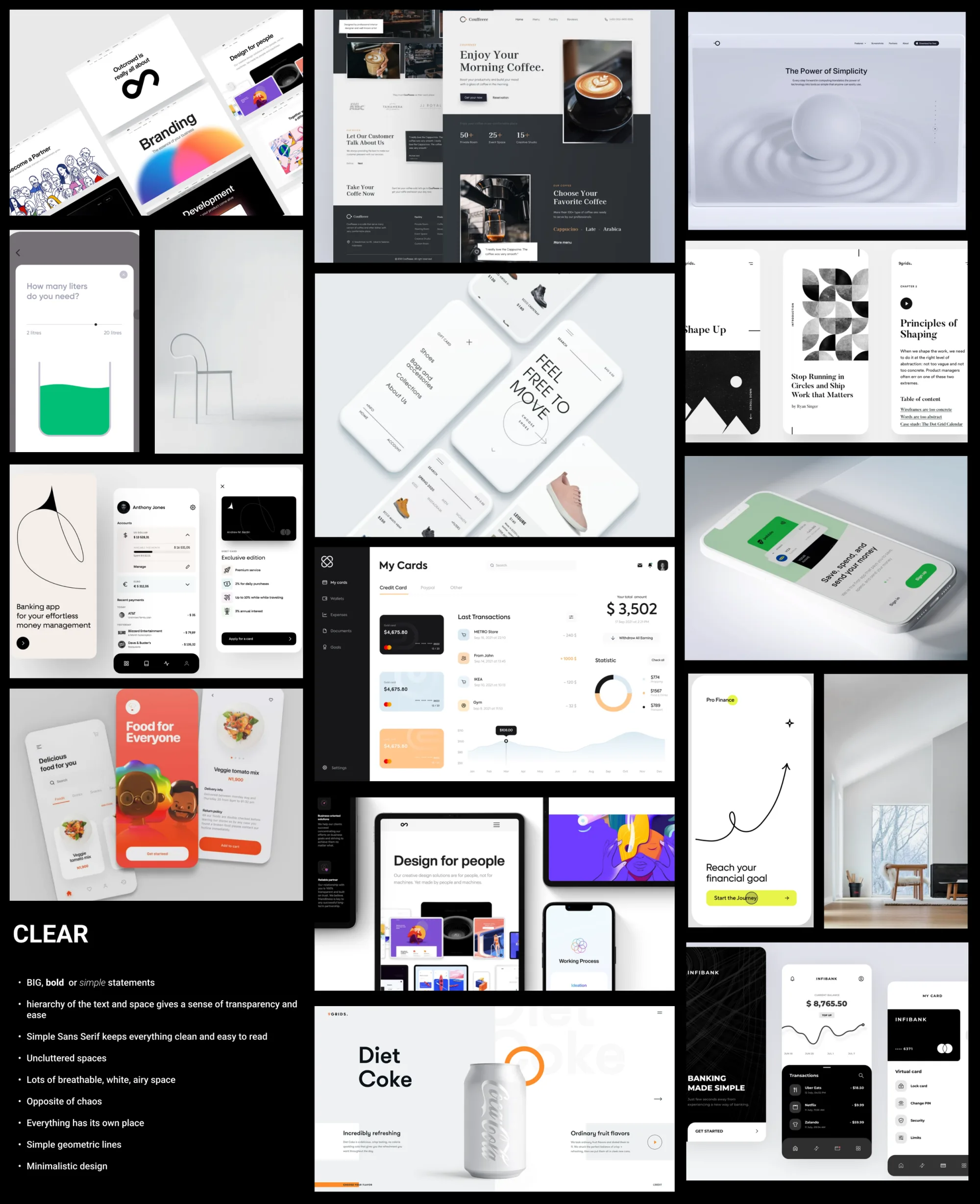 ‘Clear’ mood board: interfaces built on generous white space and clean typography, with notes on legibility and hierarchy.