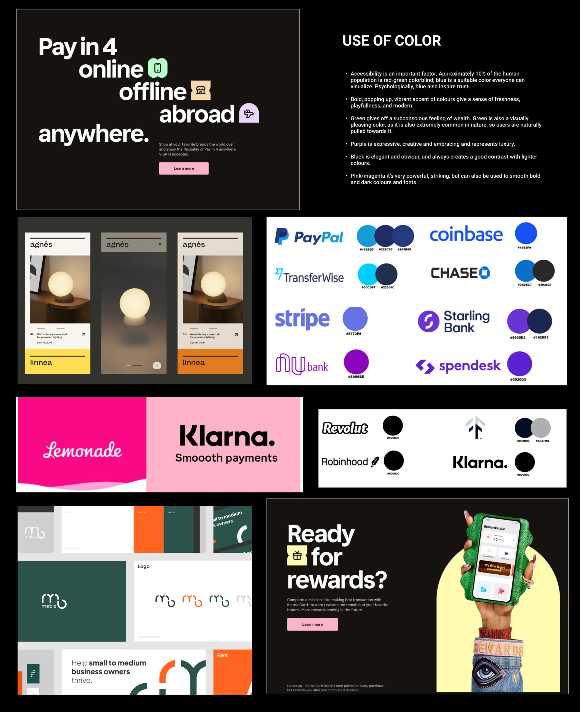 Colour mood board collecting the palettes explored for the BankON brand.
