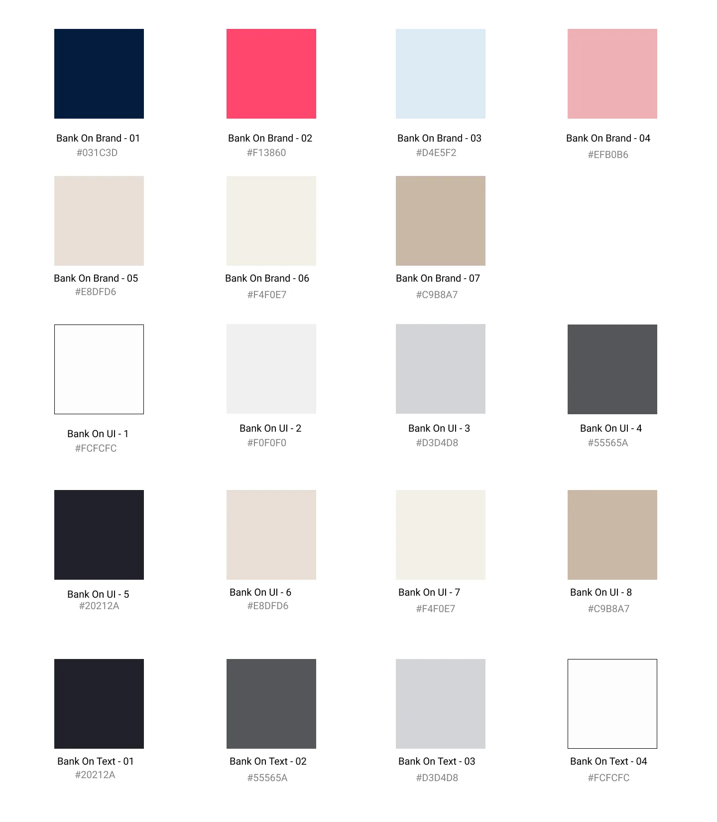 The BankON colour palette: brand, UI and text swatches with names and hex values, from deep navy #031C3D and magenta #F13860 through sand and grey tones.