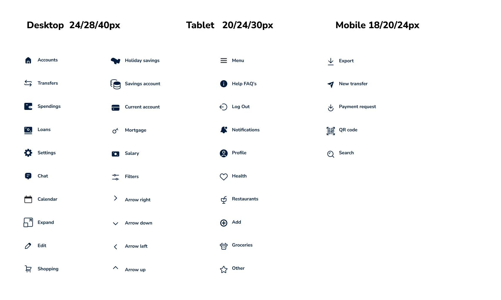 The BankON icon set: simple outlined icons with a consistent stroke and rounded corners.
