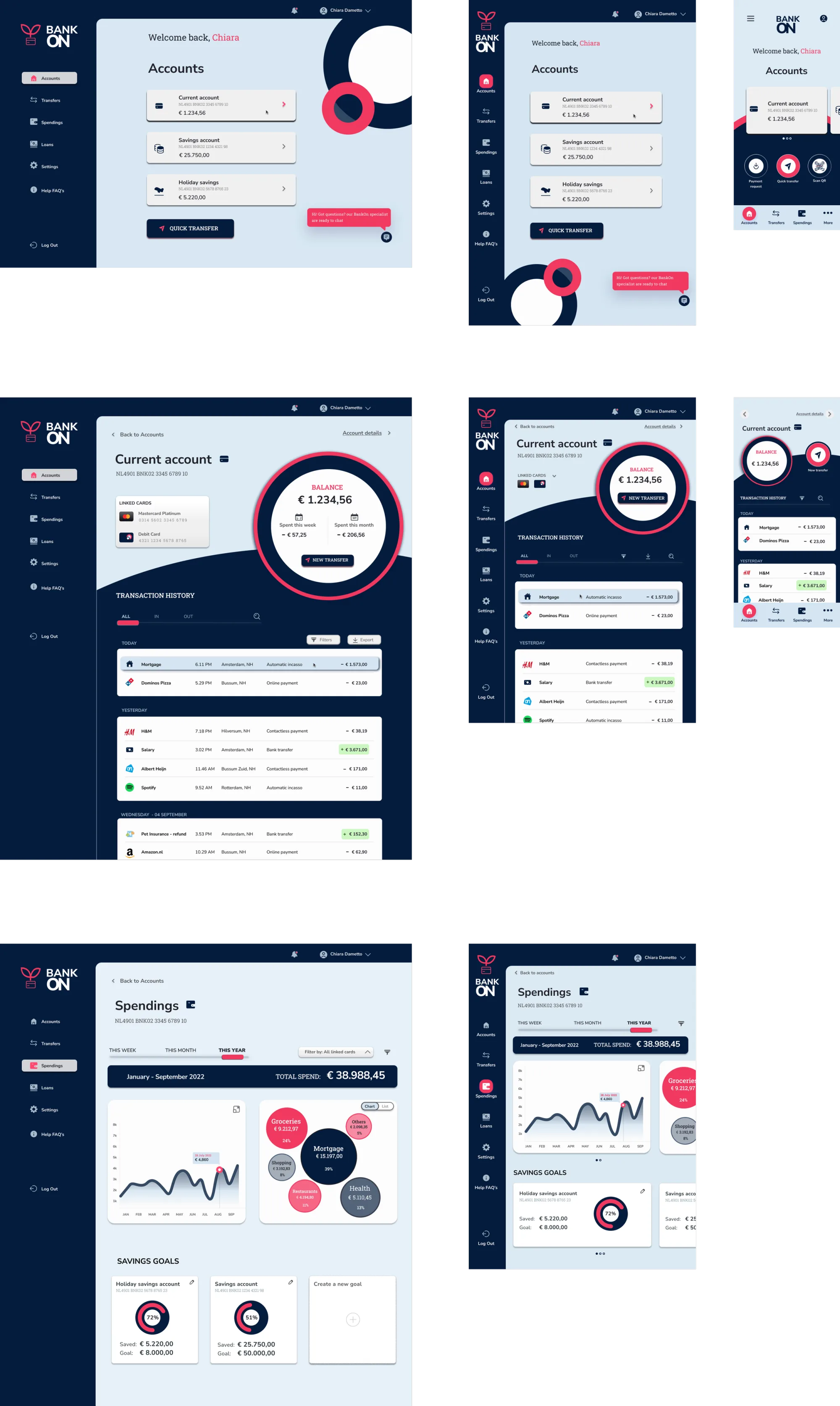 First draft of the BankON interface: Accounts, Current account and Spendings screens on desktop, tablet and phone, on a dark blue background with large magenta circles.
