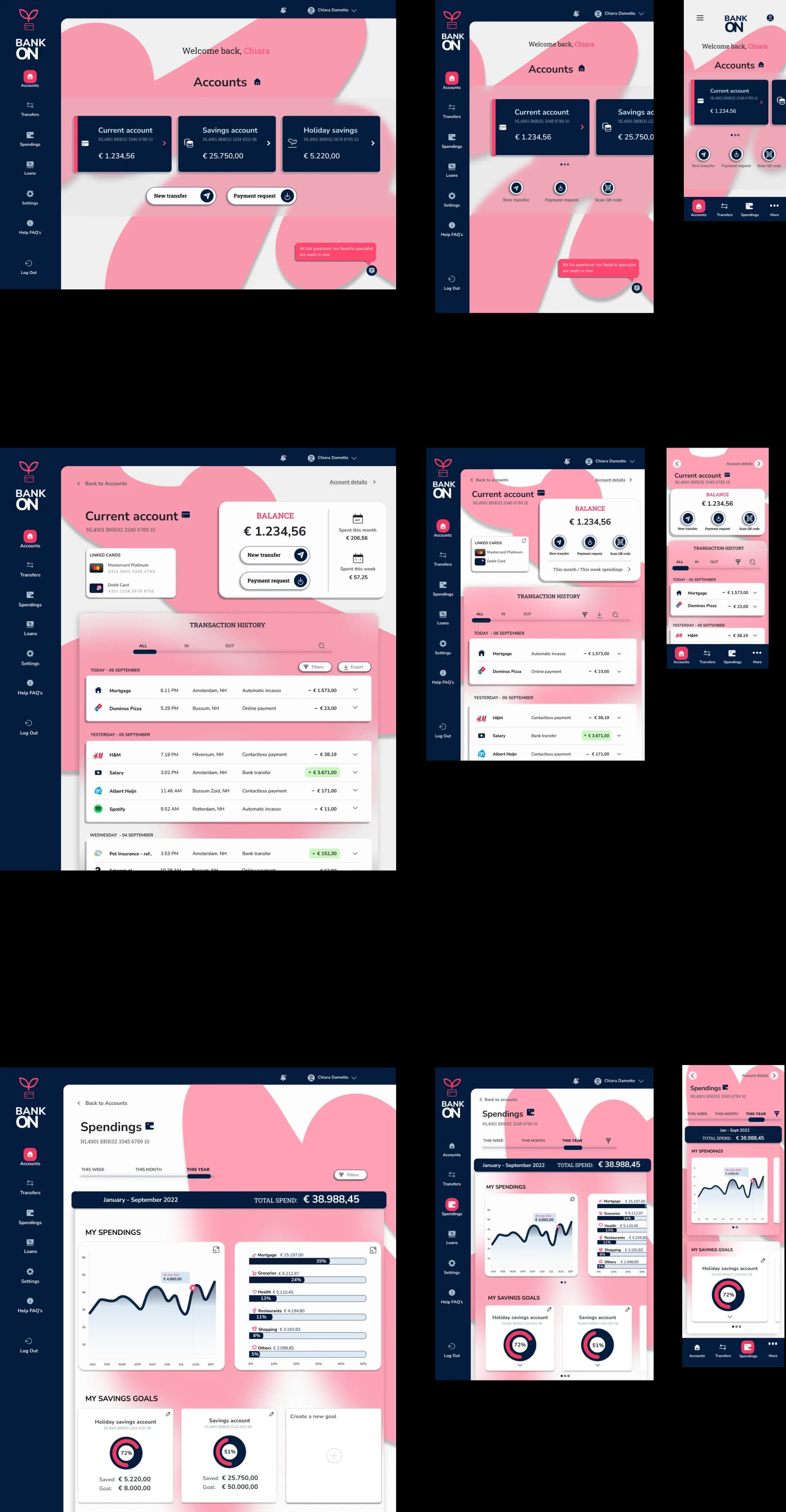 Second iteration of the BankON interface across desktop, tablet and phone, with refined elements and a new background treatment.