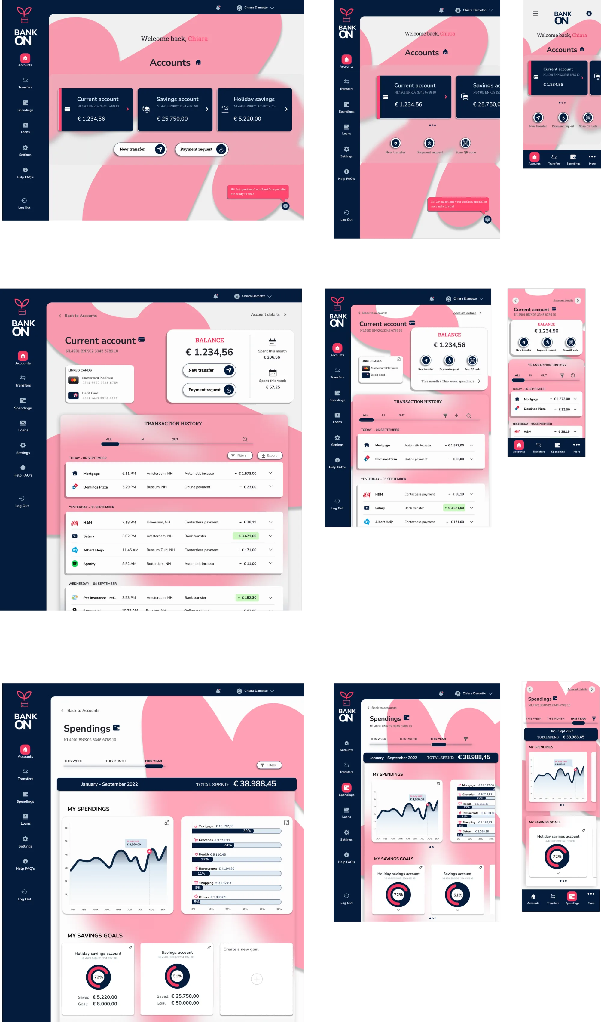 Third iteration of the BankON interface across desktop, tablet and phone, testing more separation between content and background.