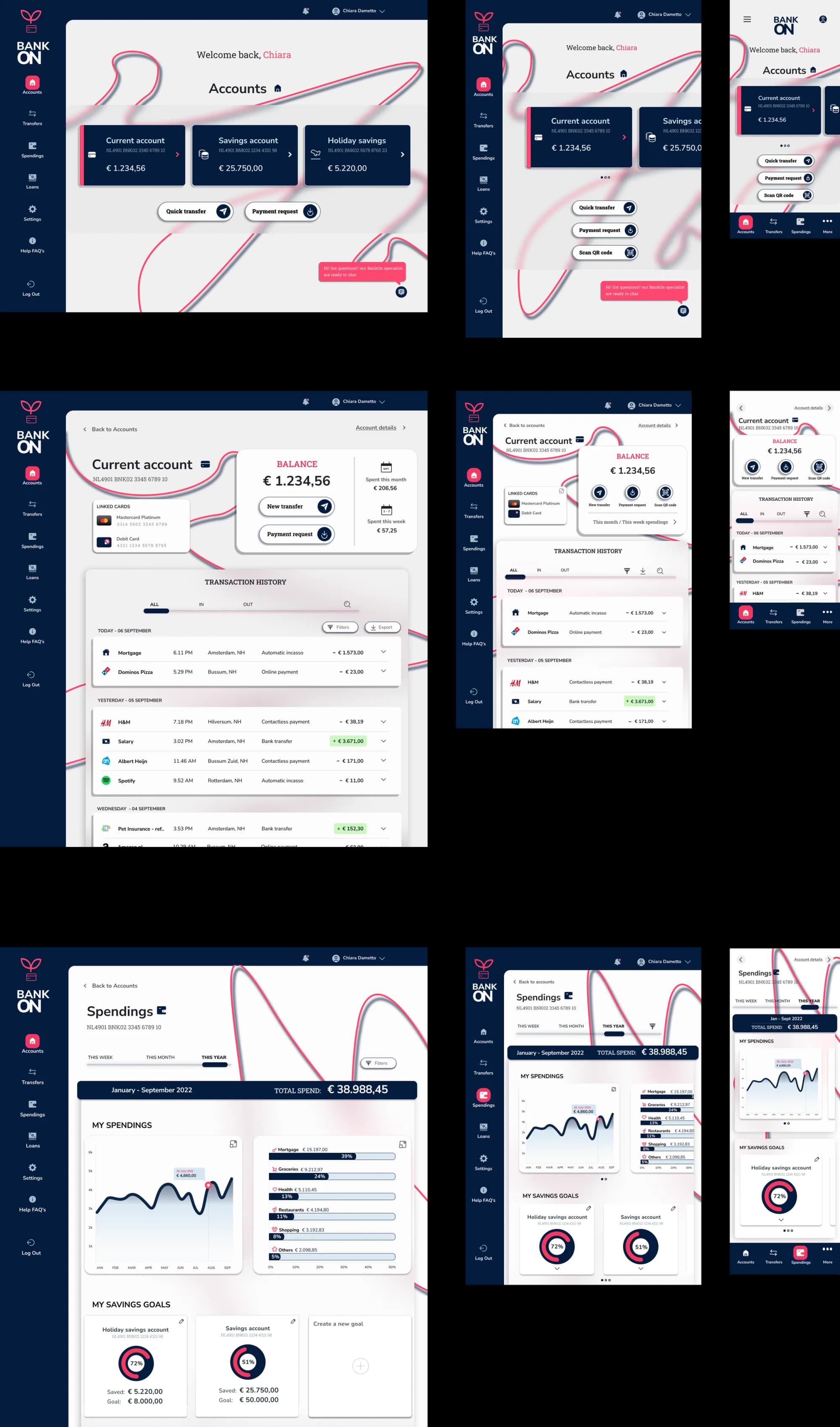 Fourth iteration of the BankON interface across desktop, tablet and phone, with line elements running through the background.