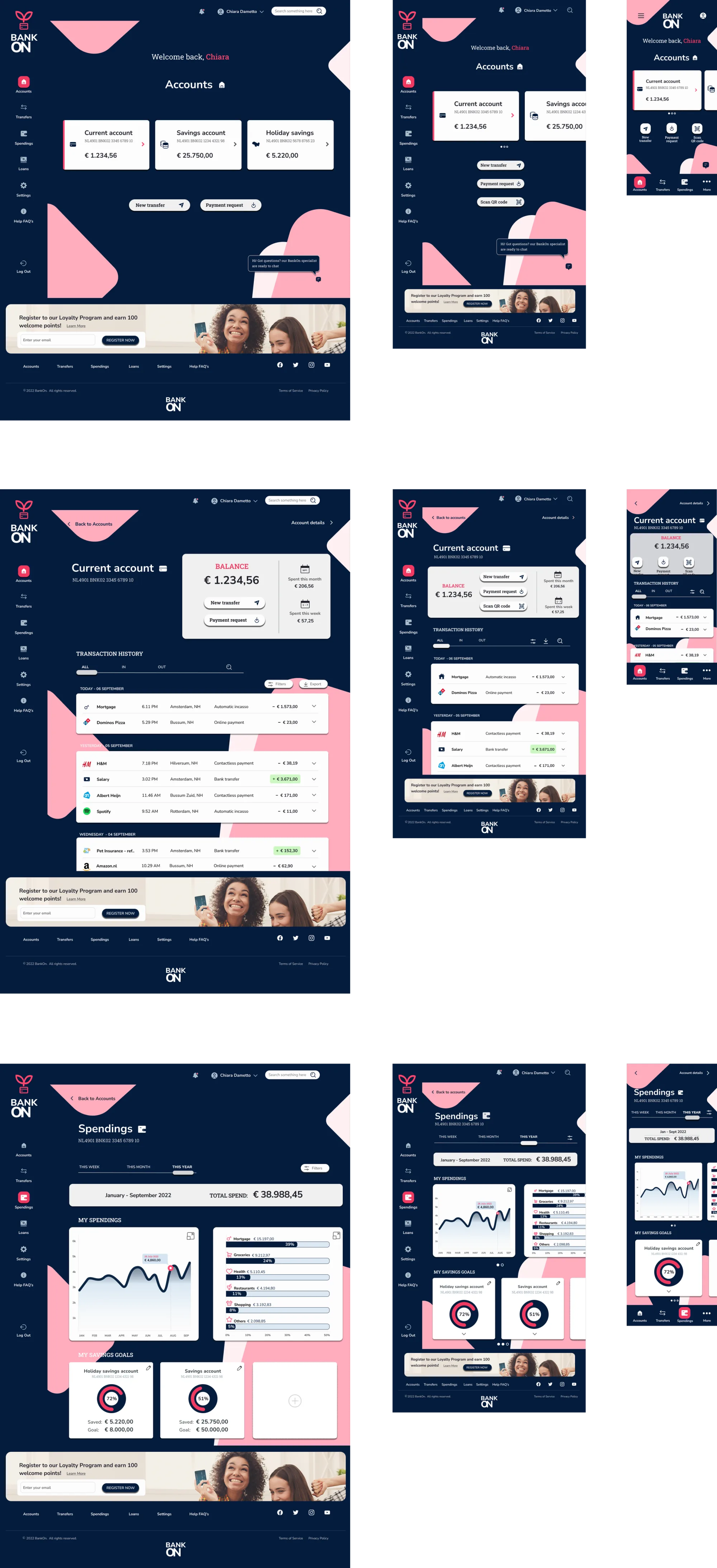 Fifth iteration of the BankON interface across desktop, tablet and phone, with credit-card shaped elements on a dark blue background.