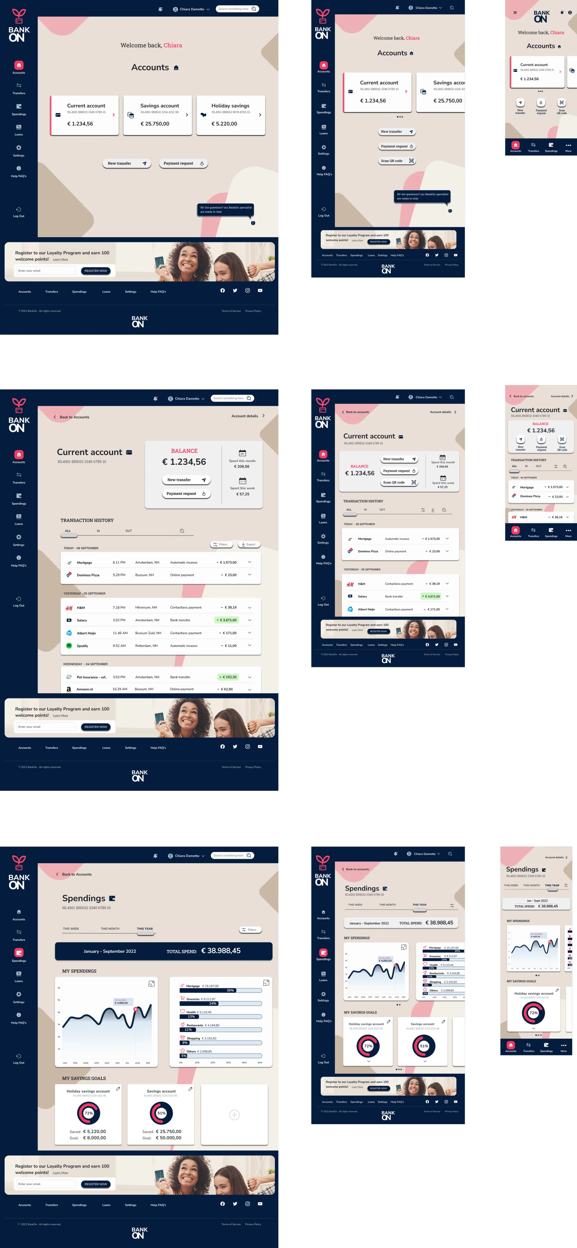 Sixth iteration of the BankON interface across desktop, tablet and phone, on a soft sandy background with a dark footer.