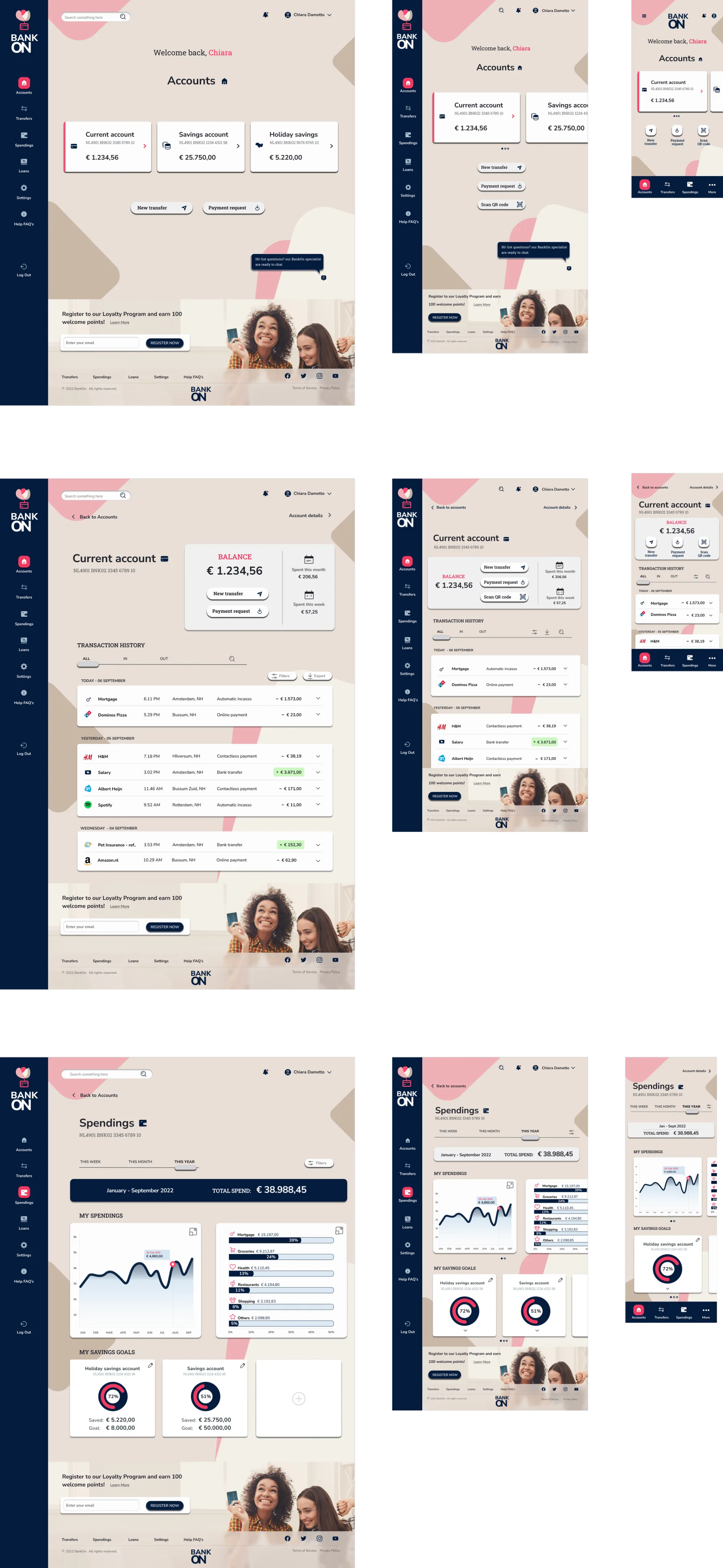Seventh iteration of the BankON interface across desktop, tablet and phone, with the dark blue removed from the top bar and footer and the side navigation extended down the page.