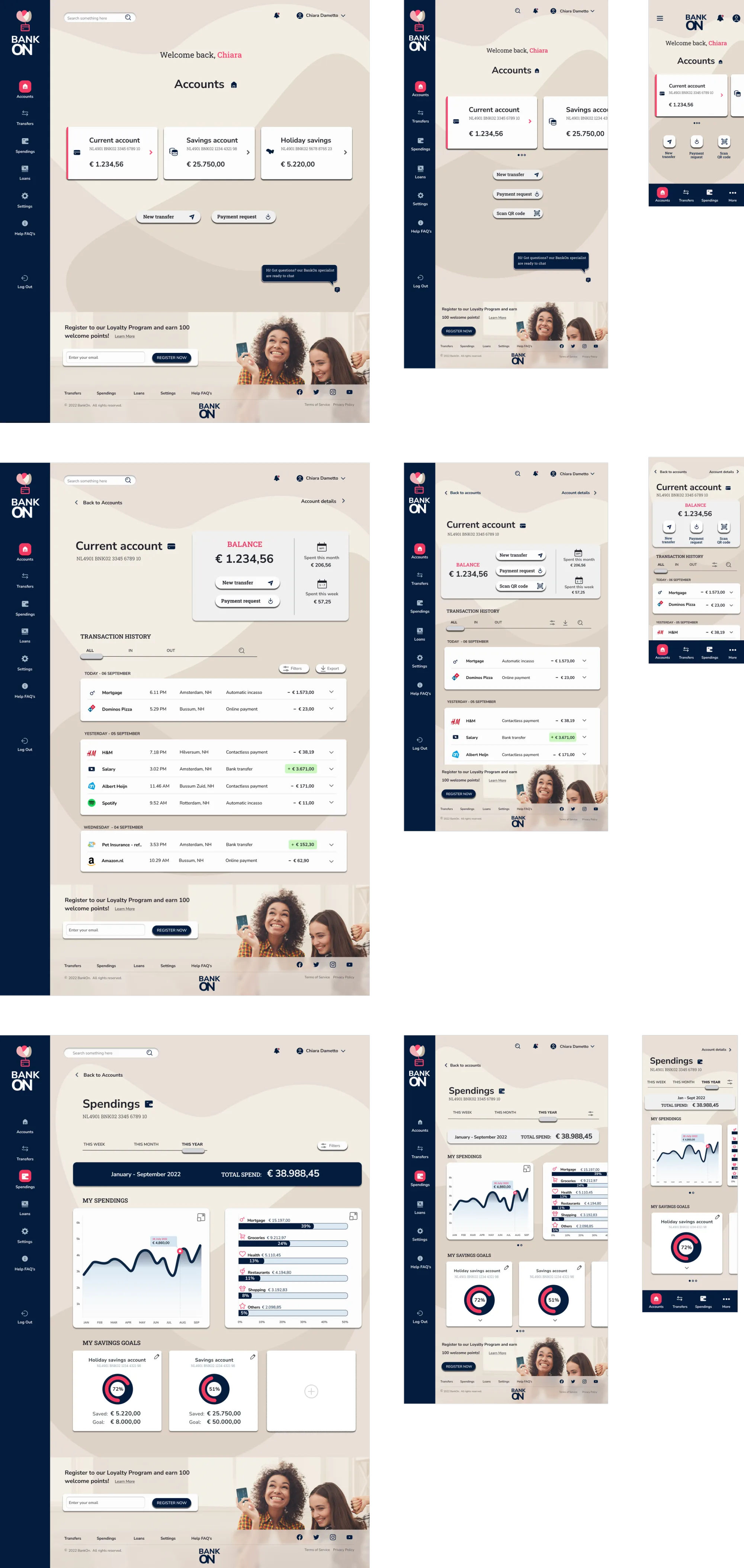 Eighth iteration of the BankON interface across desktop, tablet and phone, with softened background leaf shapes drawn from the brand logo.