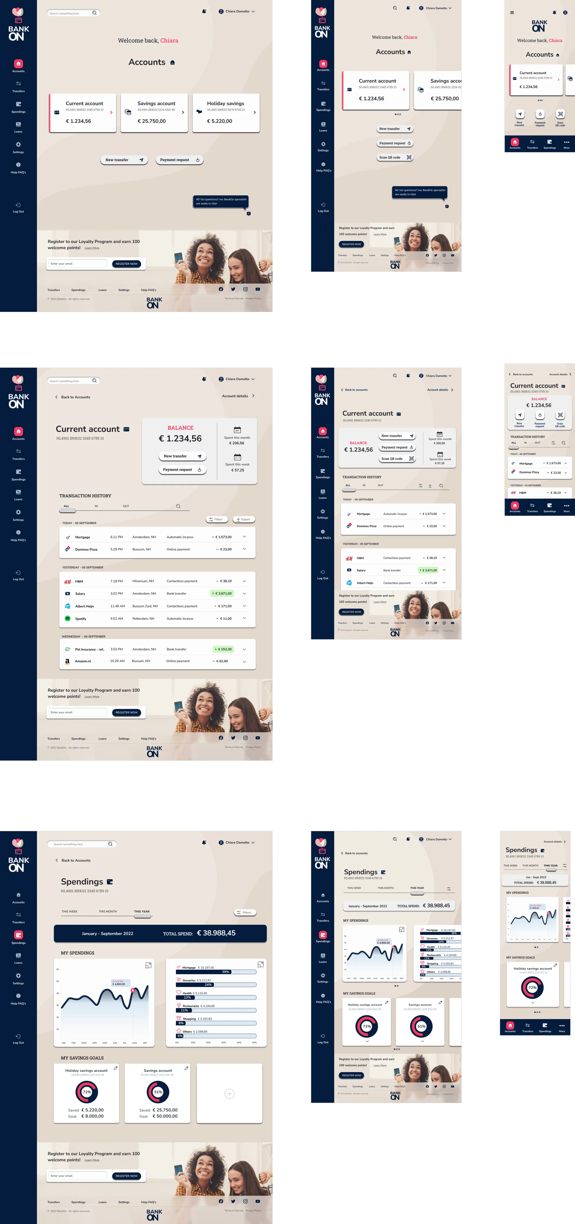 Ninth and final iteration of the BankON interface across desktop, tablet and phone, with the background shapes extending past the frame.
