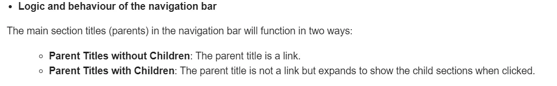 Hand-off note explaining the navigation bar logic: parent titles without children are links, parent titles with children expand to show the child sections when clicked.