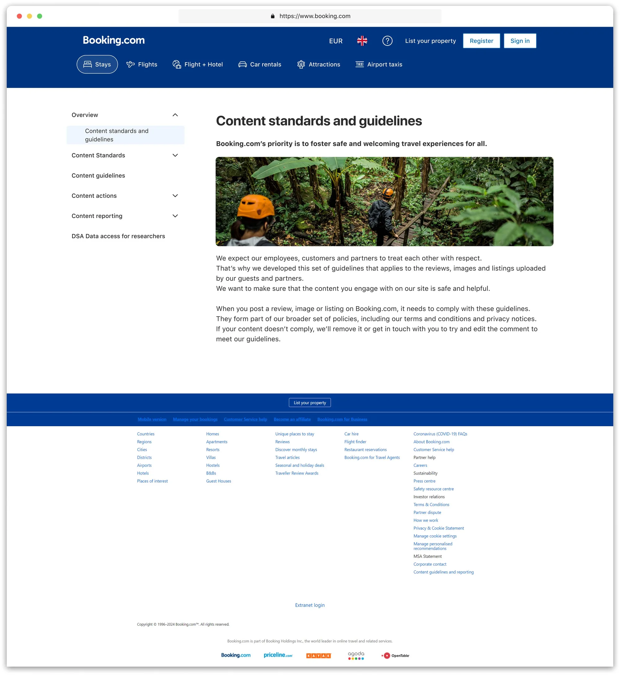 The redesigned Overview page, “Content standards and guidelines”, with its intro copy and jungle hero photo, on desktop with the expandable side menu.