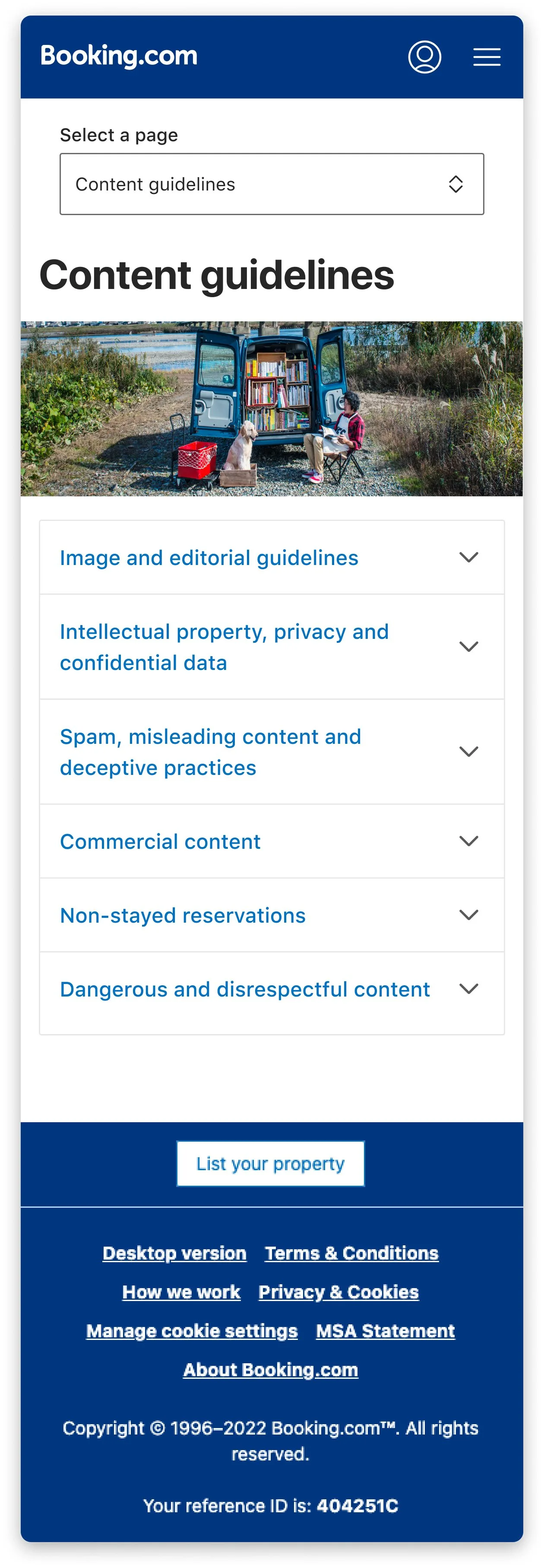 The redesigned “Content guidelines” page, with the “Dangerous and disrespectful content” accordion expanded, on mobile web with the “Select a page” dropdown.