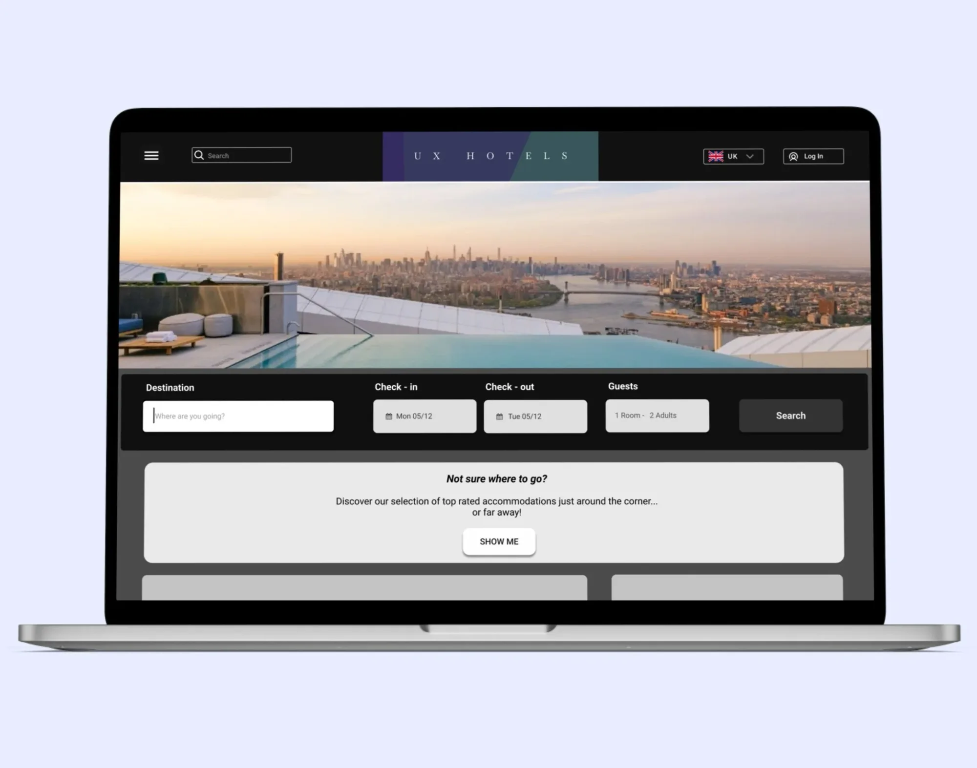 The UX Hotels homepage on a laptop: a rooftop-pool hero image, a destination, check-in, check-out and guests search bar, and a 'Not sure where to go?' prompt.