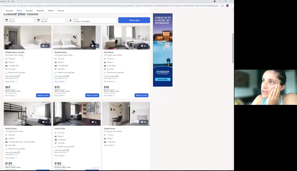 Screen recording of a remote usability test: a participant picks rooms on a hotel booking site while her webcam feed shows her reaction.