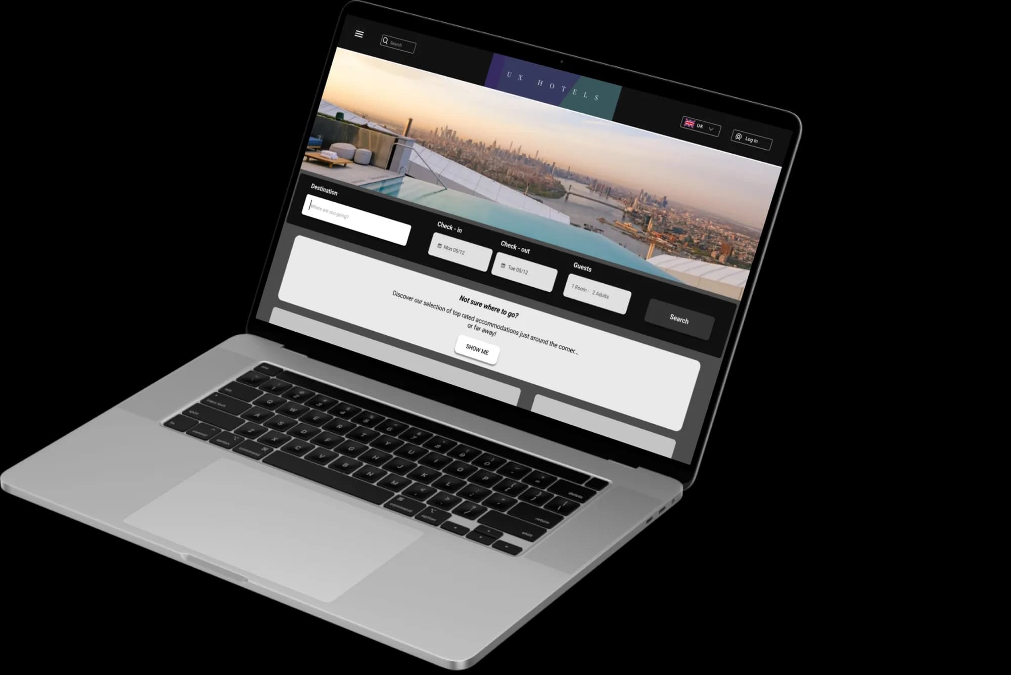 The UX Hotels mid-fidelity prototype on a laptop, showing the homepage hero, search bar and 'Not sure where to go?' panel.