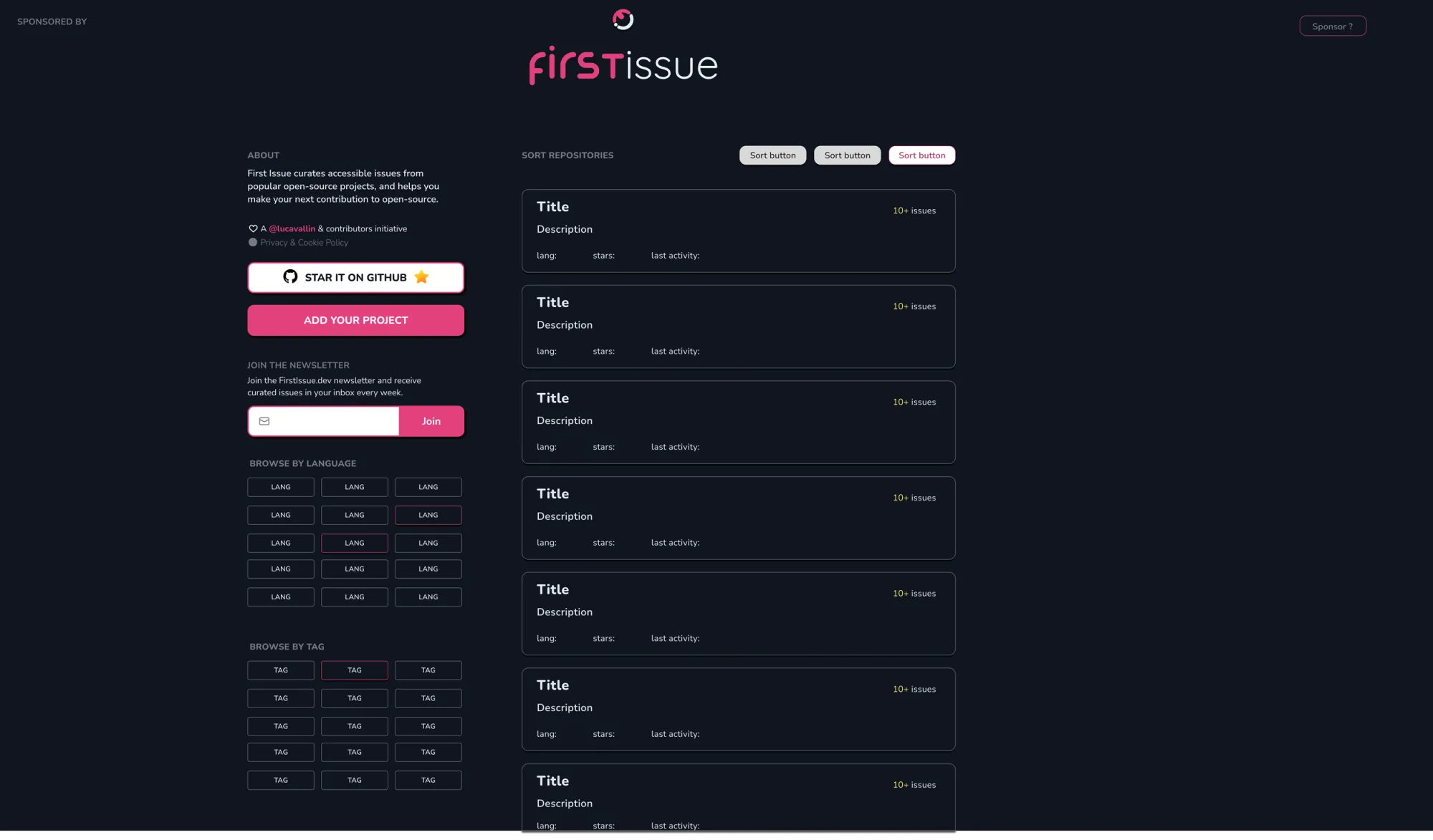 The redesigned layout: a left sidebar with About, Star on GitHub, Add your project, newsletter sign-up and language and tag filters, and sortable repository cards on the right.